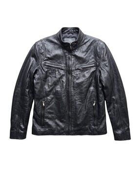 NWOT Black Genuine Real Leather Mandarin Collar Moto Racer Jacket Pockets Small